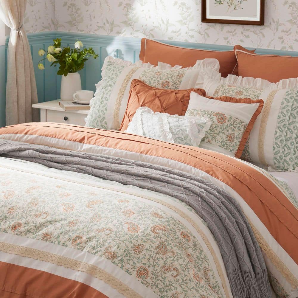 Coral and White Cotton Queen Comforter Set with Floral Print
