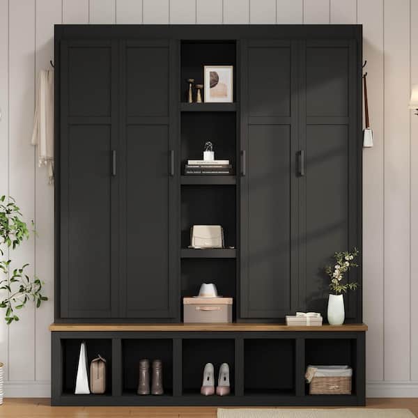 Black MDF Wood Hall Tree with 6 Hanging Hooks,Open Compartments and Seating Bench