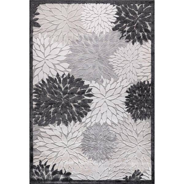 CAMILSON Bloom Gray/Black 8 ft. x 10 ft. Floral Exotic Tropical Indoor/Outdoor Area Rug