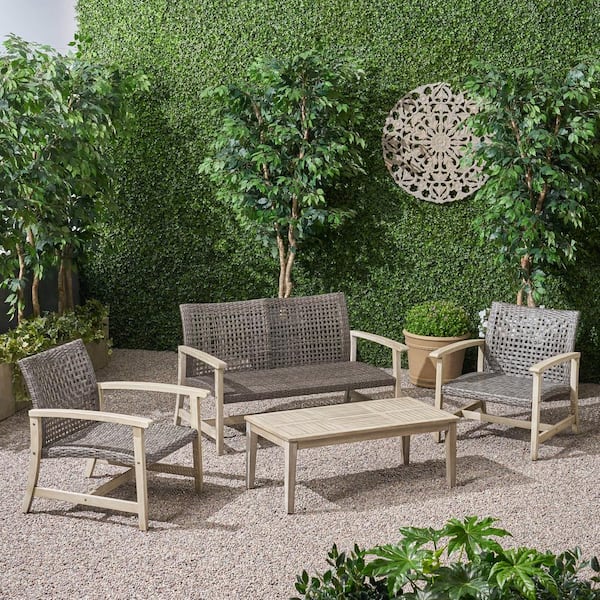 Noble House Hampton Mixed Black 4-Piece Wood Outdoor Patio Conversation Seating Set