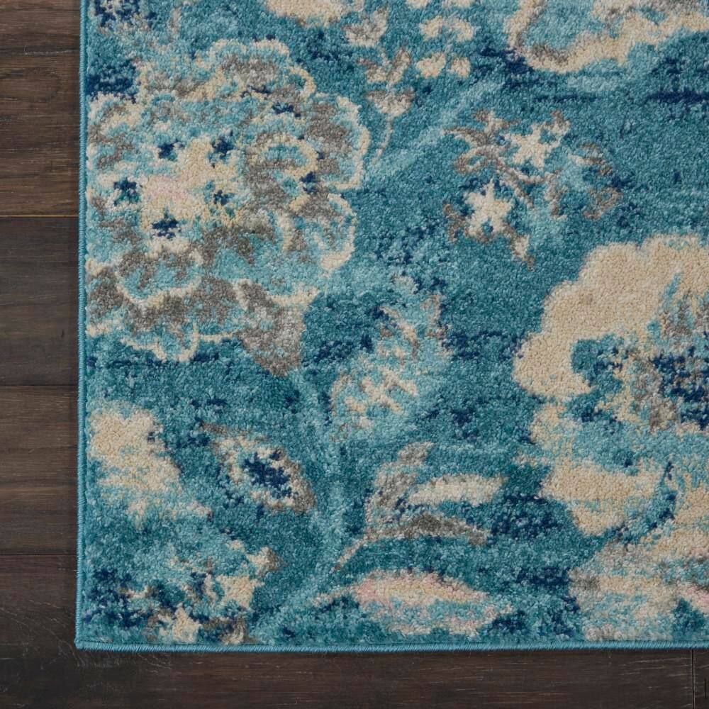 Handmade Turquoise Floral Rectangular Easy-Care Rug 2' x 4'