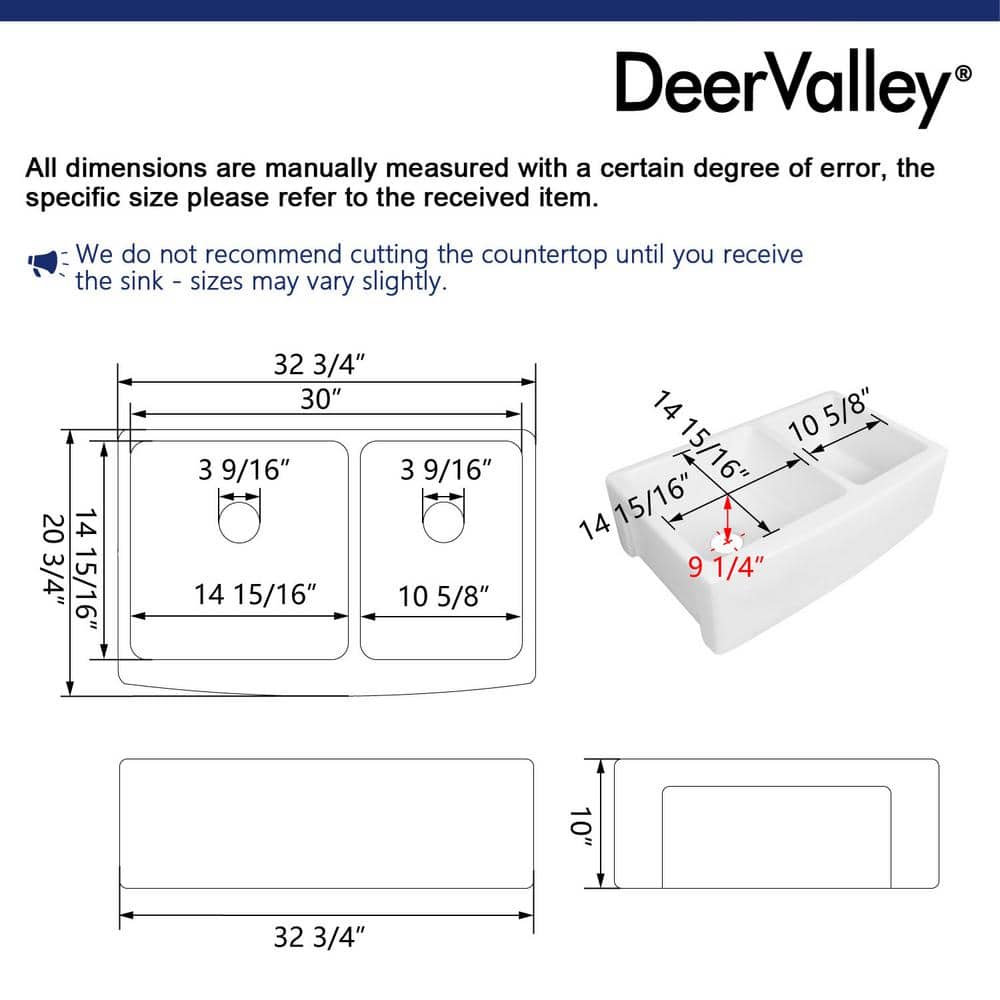 DeerValley 33" White Fireclay Double Bowl Farmhouse Sink