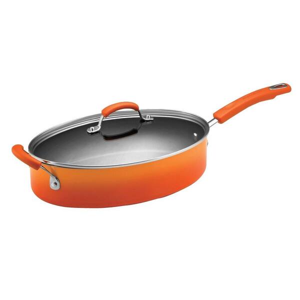 Rachael Ray 5 Qt. Non-Stick Porcelain Enamel Covered Oval Saute Pan in Orange