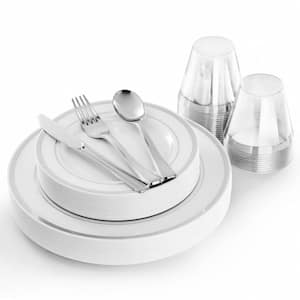 150-Piece Disposable Plastic Dinnerware Party Set for 25-Guests in White with Silver Trim