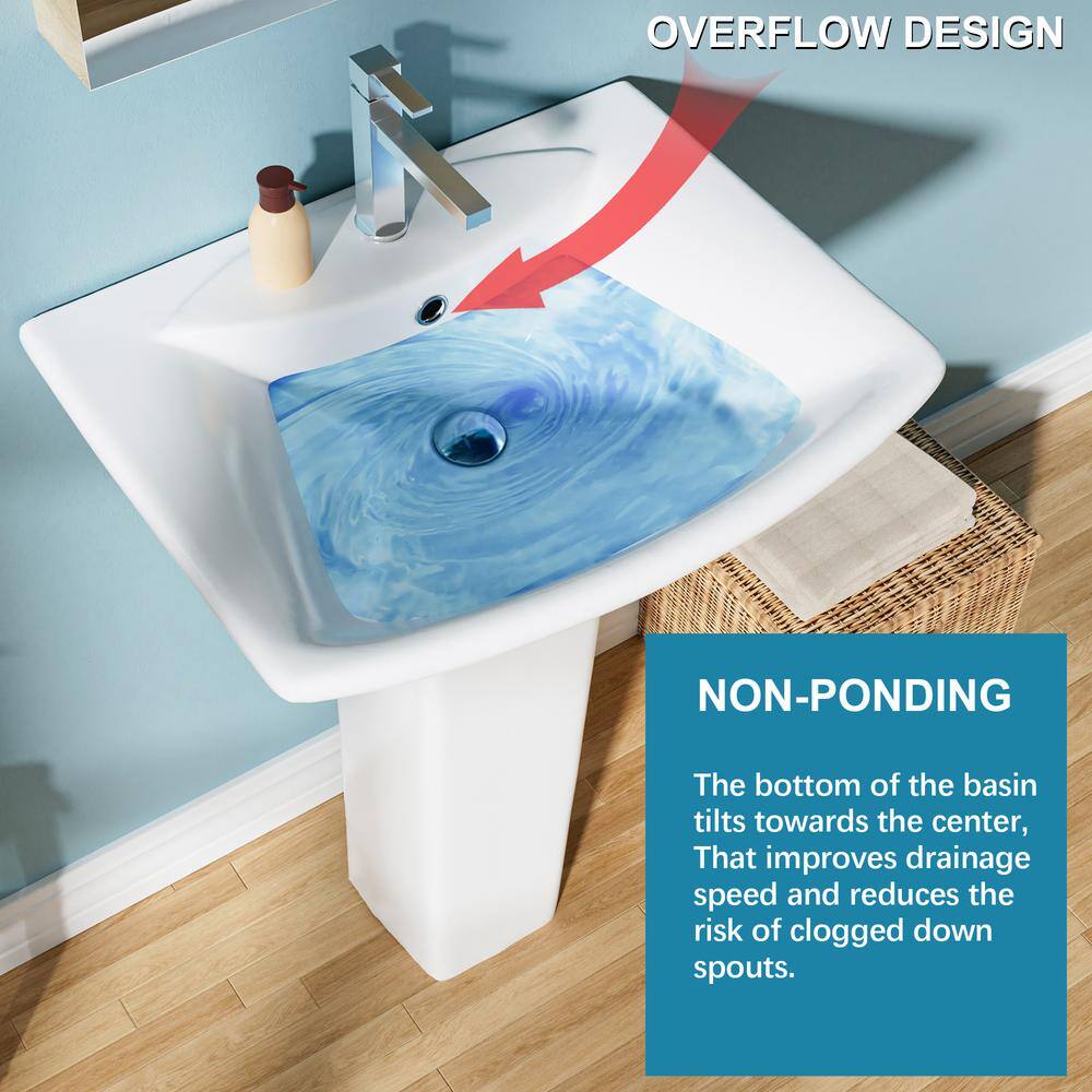 24" White Vitreous China Rectangular Pedestal Bathroom Sink