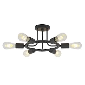 18.31 in. 6-Light Black Industrial Sputnik Semi Flush Mount Ceiling Light, Wagon Wheel Design Chandelier for Hallway