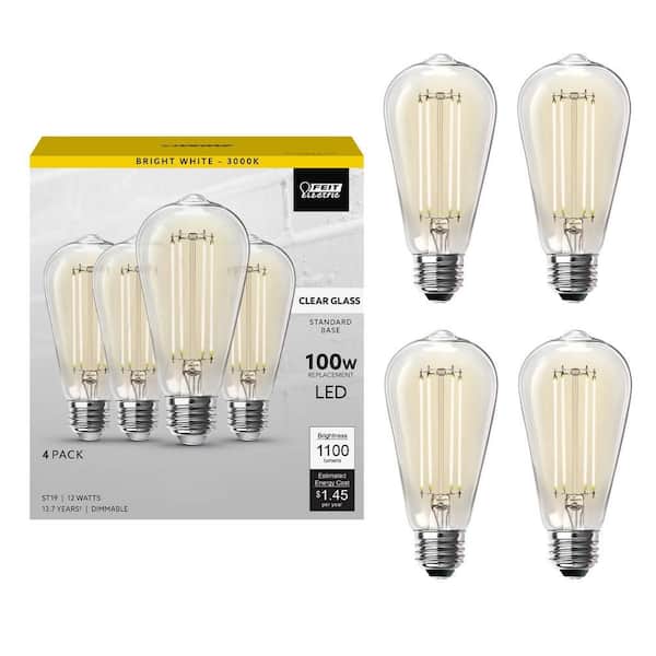 100-Watt Equivalent ST19 Dimmable Straight Filament Clear Glass E26 Vintage Edison LED Light Bulb, Bright White (4-Pack)