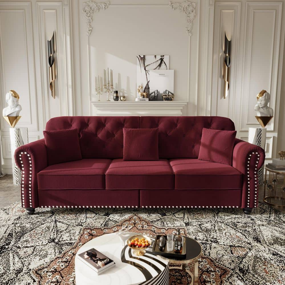 POLKA　ソファ　　BK/BR/IV/RD Polibi 82.6 in. Rolled Arm Velvet Sofa in Burgundy with Nailhead
