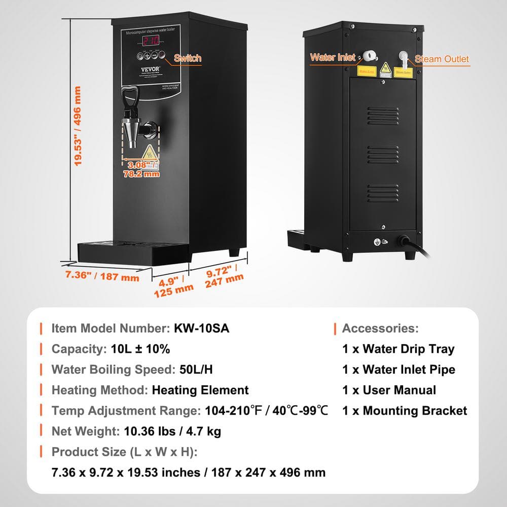 VEVOR Black Stainless Steel 10L Commercial Water Boiler
