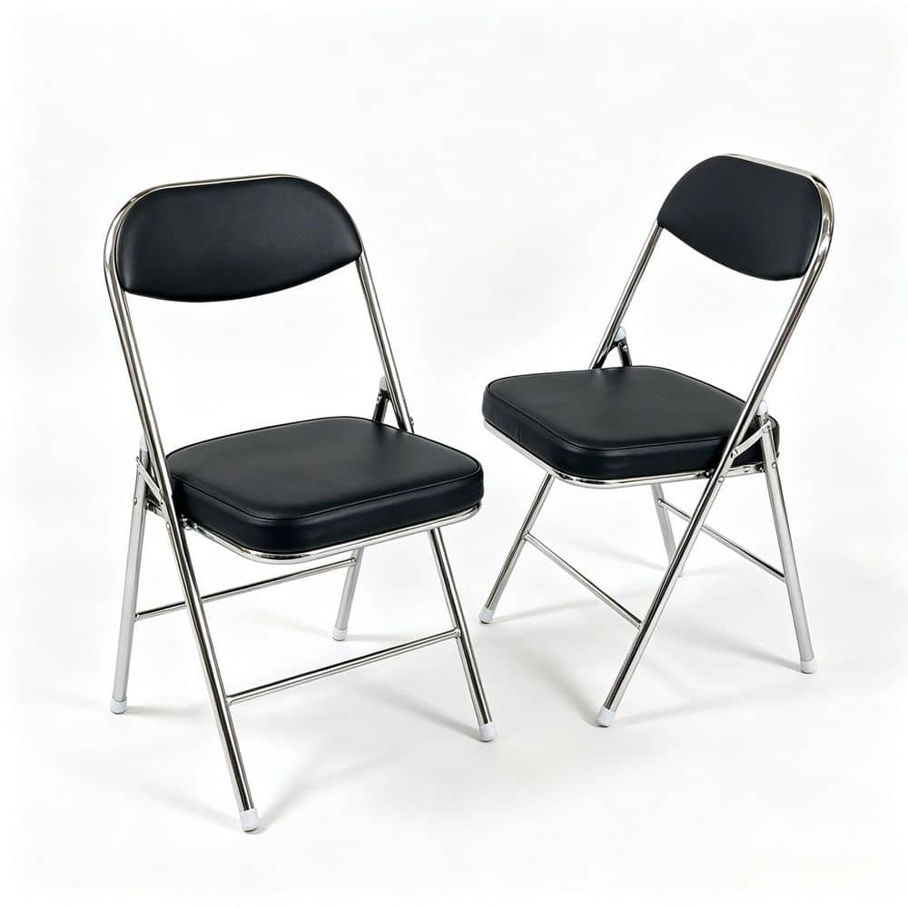 Black Padded Metal Folding Chairs Set of 2 Portable Heavy Duty Dining Chairs Set for Party Home