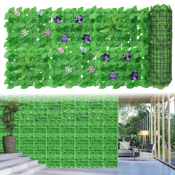 Oumilen 60 Artificial Light Green Lobelia Leaves with Flowers Privacy Fence Screen, Hedgerow Flower Backdrop, Fence Decoration