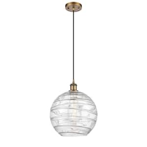 Athens Deco Swirl 1-Light Brushed Brass Clear Deco Swirl Shaded Pendant Light with Clear Deco Swirl Glass Shade