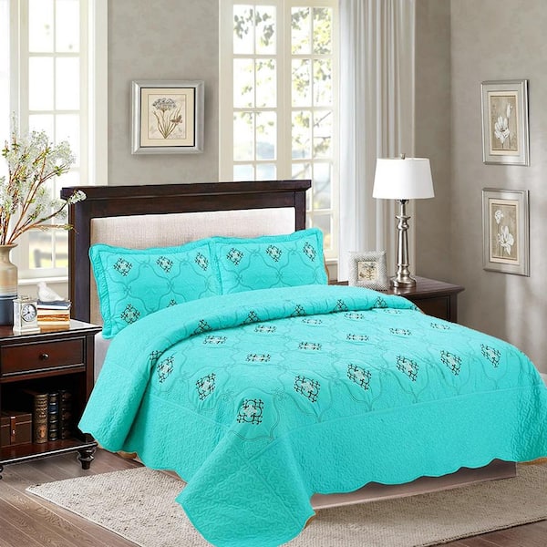 MarCielo Emma-3-Piece Turquoise Embroidered Polyester King Size Lightweight Quilt Bedspread Set