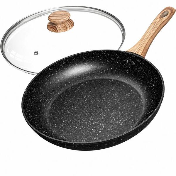 12 in. Black Stone Nonstick Frying Pan with Glass Lid, Ergonomic Bakelite Handle, Induction-Compatible