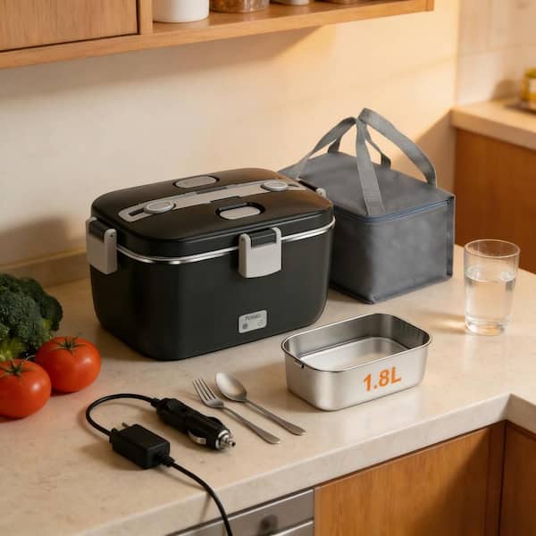Electric Portable 100W Fast Heating Airtight Leak Resistant Electric Lunch Box with Lids, Food Grade Plastic, in Gray