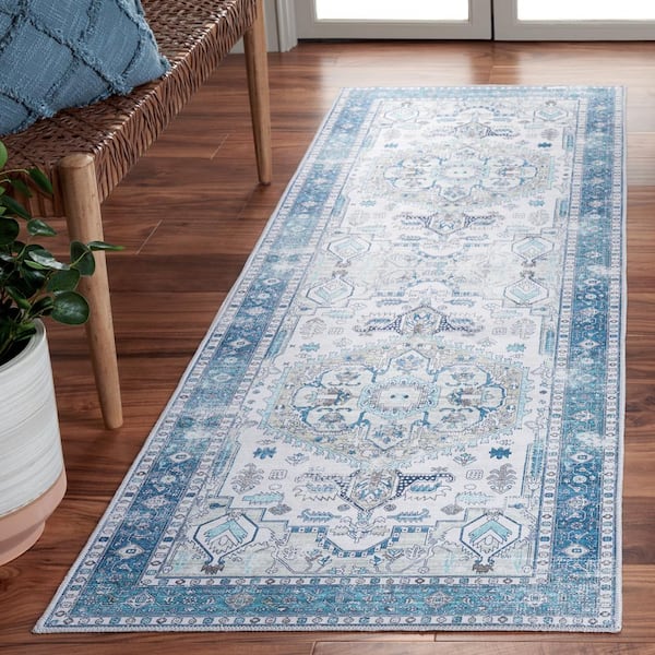 Arizona Beige/Blue 3 ft. x 8 ft. Machine Washable Traditional Medallion Runner Rug