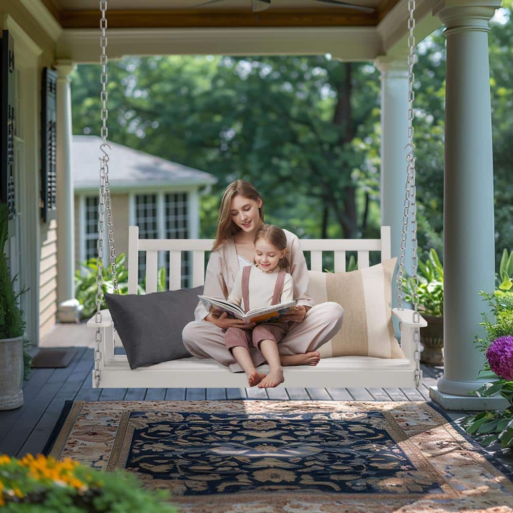 White Solid Wood 4' Outdoor Porch Swing with Chains