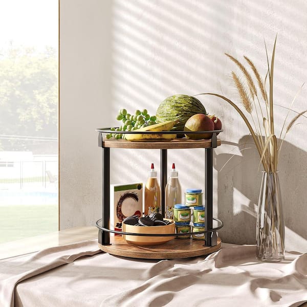 10.2 in. 2 Tier Wood Rotating Spice Rack in Rustic Brown and Black