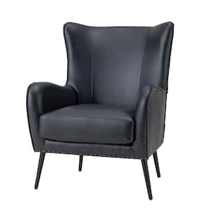 Harpocrates Modern Navy Wooden Upholstered Nailhead Trims Armchair With Metal Legs
