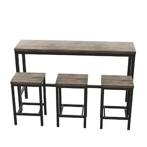 4-Piece Wood Outdoor Dining Table Set with 3 Stools in Brown Gray