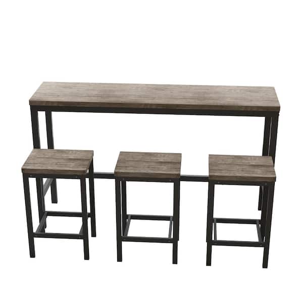 Sudzendf 4-Piece Wood Outdoor Dining Table Set with 3 Stools in Brown Gray