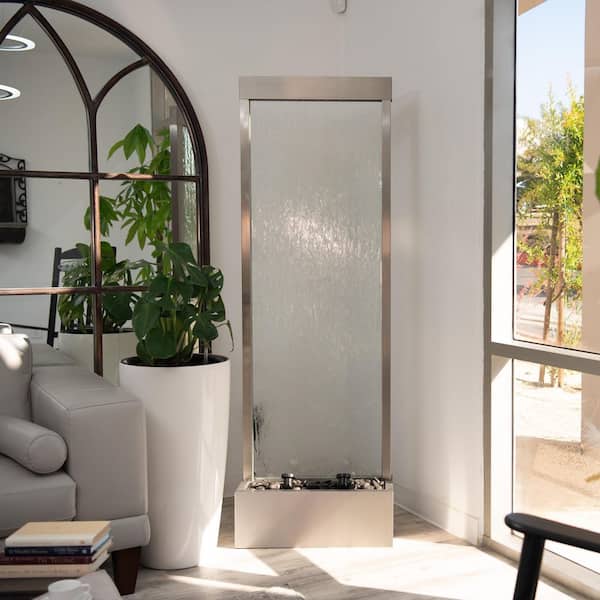 72 in. Steel/Glass Free-Standing Waterfall Fountain w/ Pump, LED Lights and Rocks, Modern Waterfall Fountain