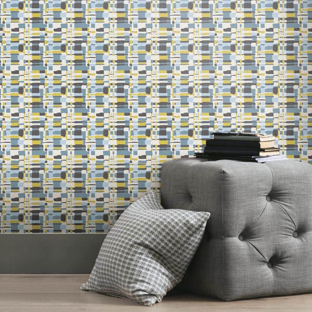 Retro Blue and Tan Plaid Peel and Stick Wallpaper Roll