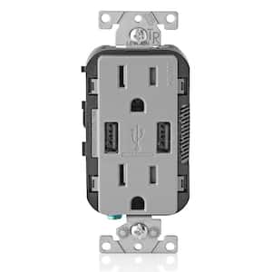3.6A USB Dual Type A In-Wall Charger with 15 Amp Tamper-Resistant Outlets, Gray