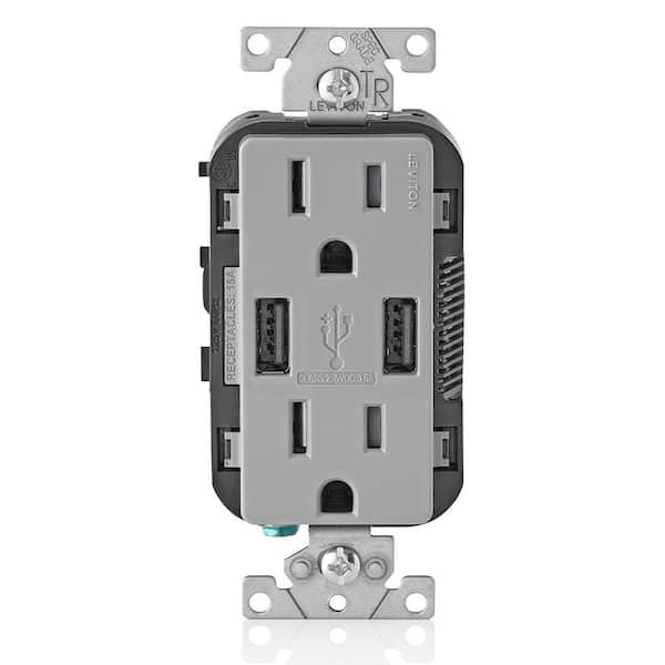 Leviton 3.6A USB Dual Type A In-Wall Charger with 15 Amp Tamper-Resistant Outlets, Gray