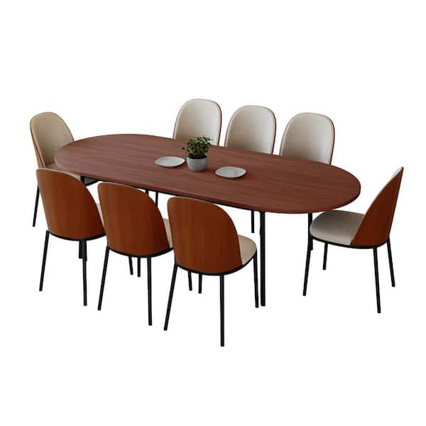 Leisuremod Tule 9-Piece Dining Set in Black Steel with 8 Velvet Seat Dining Chairs and 83 in. Oval Dining Table (Walnut/Beige)