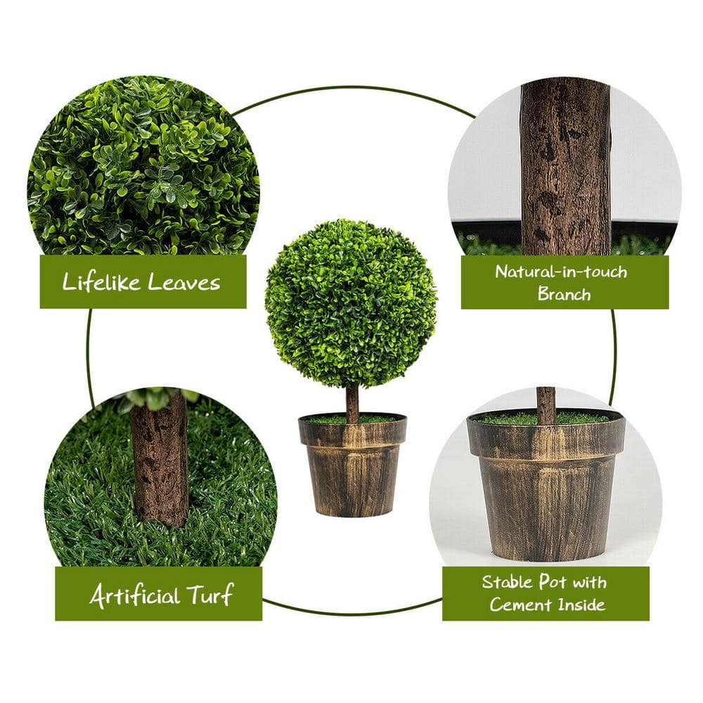 22" Green Artificial Boxwood Topiary Trees in Bronze Cement Pots, Set of 2