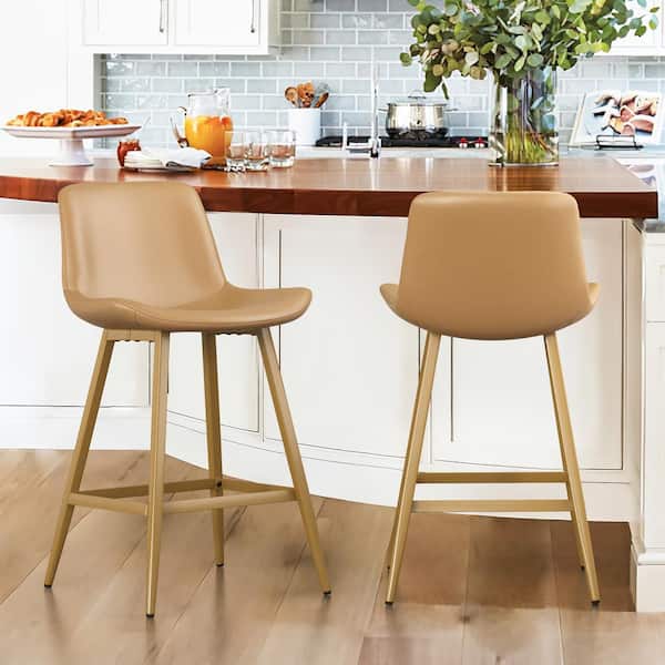 OrangeOne 35 in. Butter Color 24 in. Low Back Metal Frame Counter Height Bar Stool with Faux Leather seat (Set of 2)
