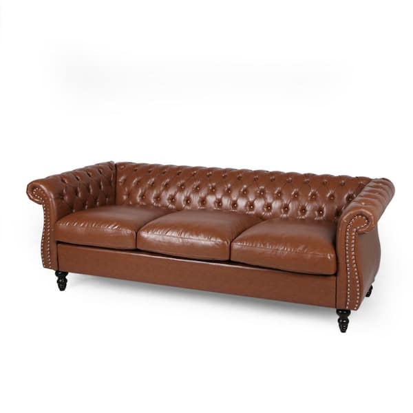 Cognac Brown Solid Faux Leather, Leather Sofa With Detachable Cushions