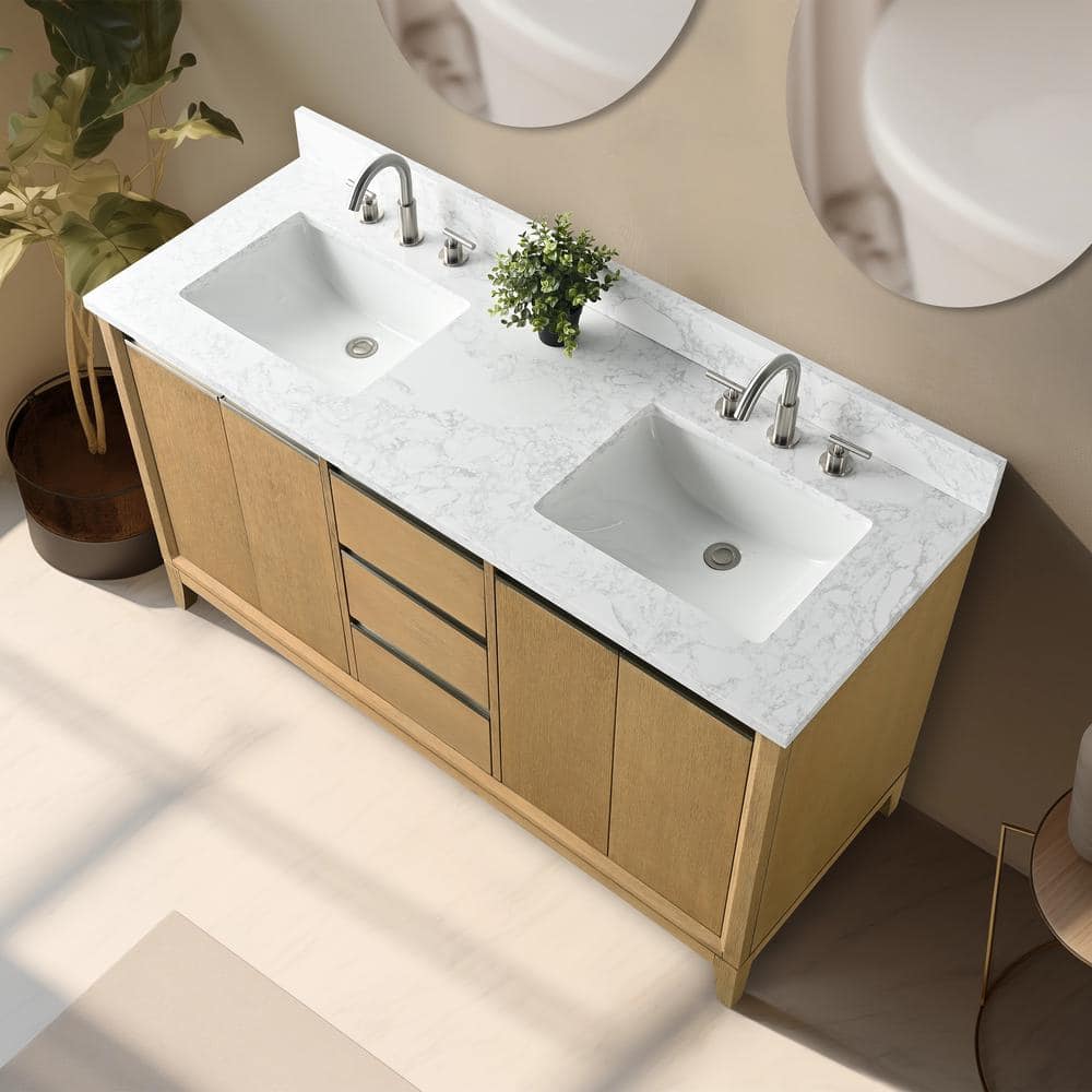 60" Natural Oak Double Sink Bathroom Vanity with Engineered Marble Top