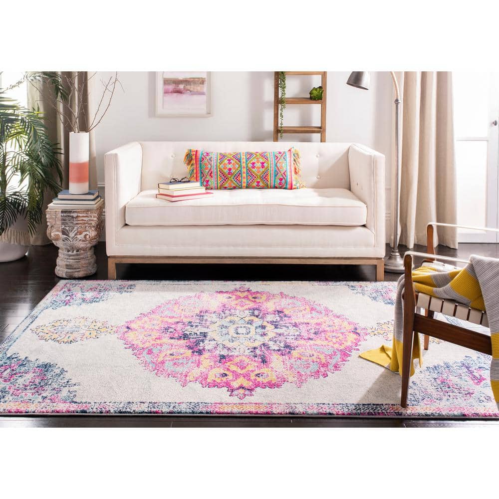 Ivory and Fuchsia Distressed Medallion 8' x 10' Area Rug