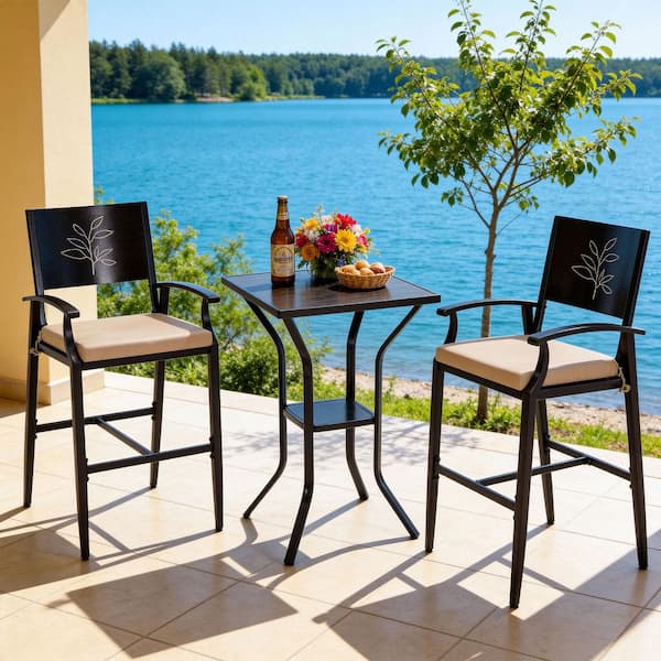 3-Piece Metal Patio Conversation Set with High Bar Stools and Square Table with Khaki Cushion