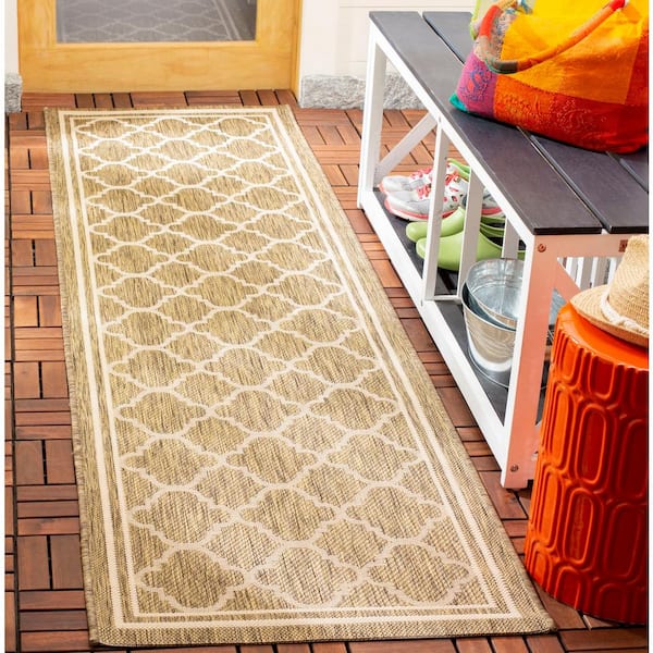 Courtyard Brown/Bone 2 ft. x 22 ft. Geometric Indoor/Outdoor Patio  Runner Rug