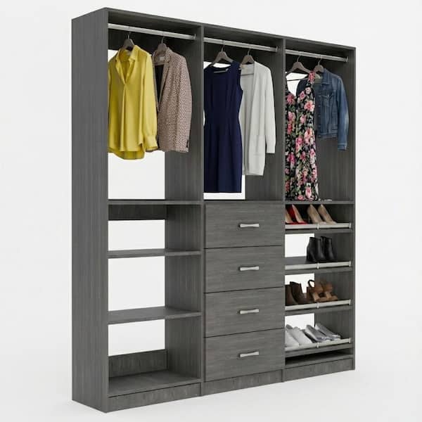 Alto Collection 99 in. W Grey Wall Mounted Hang w Shelves, 4-Drawer w Hang, Hang w Shoe Shelves Wood Closet System