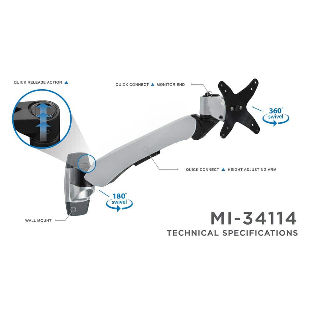 Silver Adjustable Full Motion Monitor Wall Mount for 32" Screens