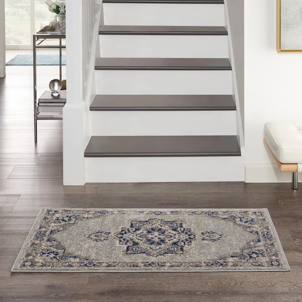 Tranquil Grey/Navy 2 ft. x 4 ft. Center medallion Traditional Kitchen Runner Area Rug