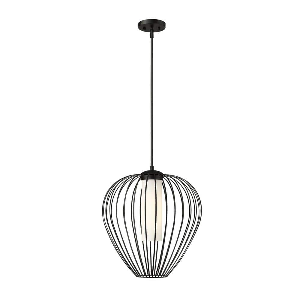 Savanti 18 in. 1-Light Matte Black Shaded Pendant Light with White Opal Gla