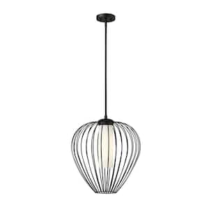 Savanti 18 in. 1-Light Matte Black Shaded Pendant Light with White Opal Glass Shade, No Bulbs Included