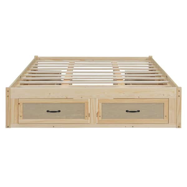 Rustic Antique Beige Wood Frame Queen Platform Bed with 6 Storage Drawers