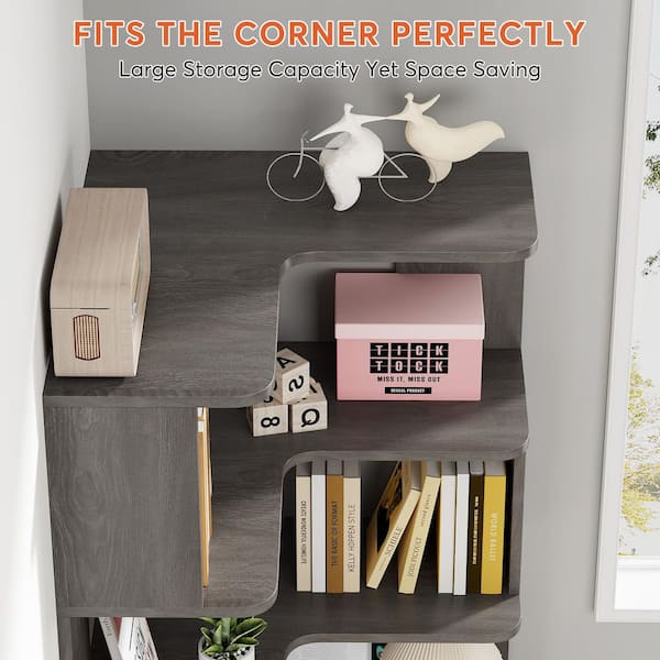 BYBLIGHT 65 in. Tall Dark Gray Engineered Wood 6-Shelf Corner