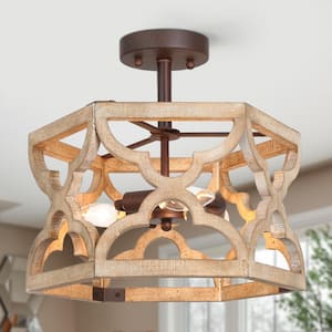 Farmhouse Hexagon Antique Wood Semi-Flush Mount, Geometric 3-Light Brown Kitchen Ceiling Light with Rusty Metal Accents