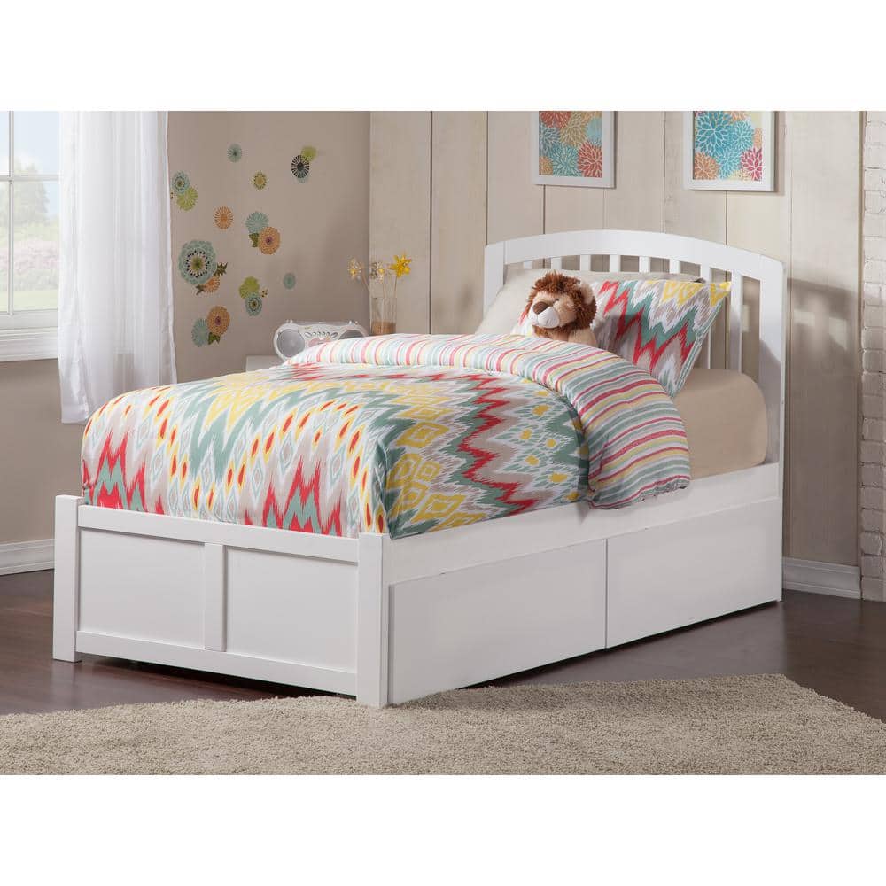 White Twin Wood Platform Bed with Storage Drawers