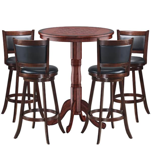 Costway 5-Piece 30 in. Round Wood Top Bar Table and 4-Piece Swivel Bar Stools Bar Table Set