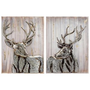 "Deer" Handed Painted Iron Wall Sculpture on Slatted Solid Wood Wall Art (Set of 2)