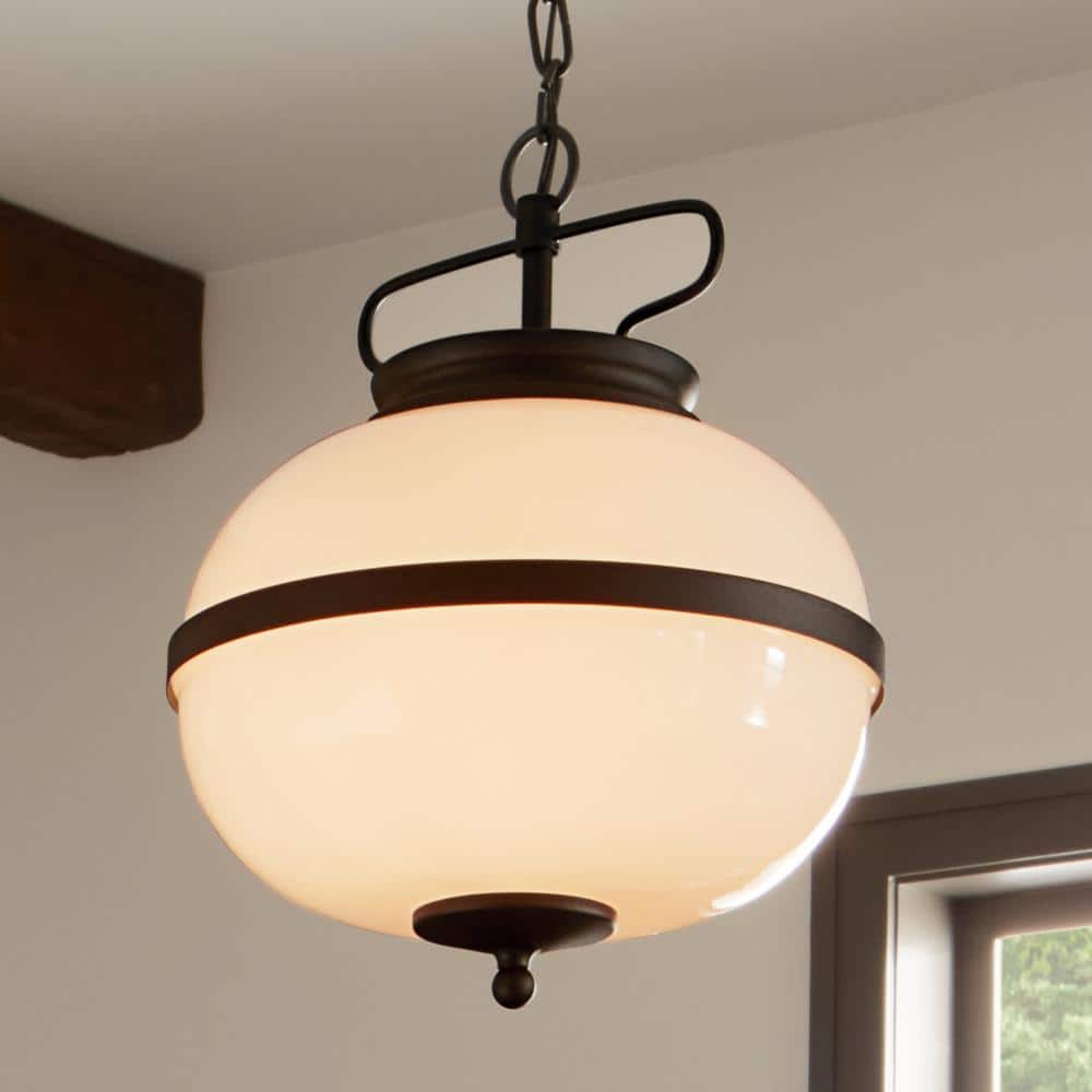 Opal Glass and Textured Black 12" Globe Pendant Light