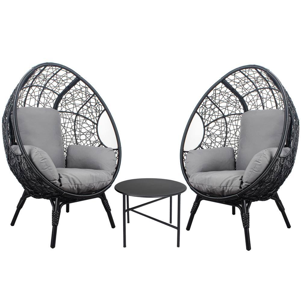 Black 3-Piece Metal Outdoor Lounge Chairs, Patio PE Rattan Egg Chairs and S